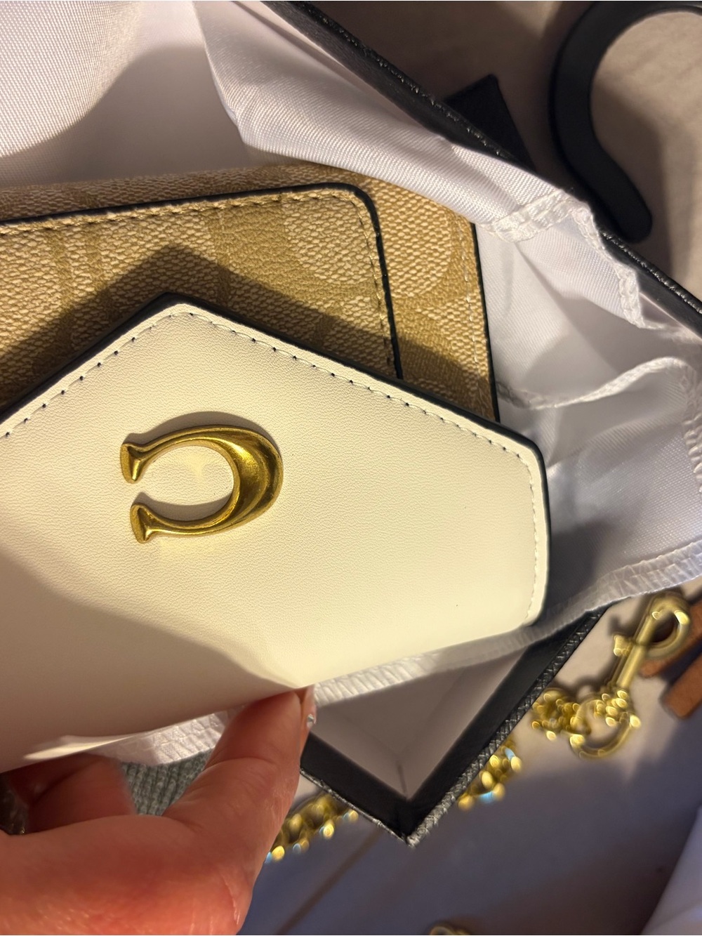 Coach White and Tan Leather Wallet with Gold-Tone Turnlock